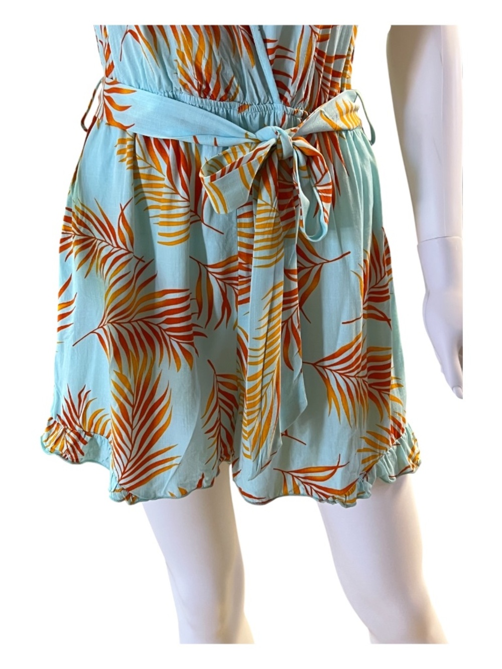 EUC Cupshe teal orange tropical leaf flutter sleeve romper | size M - Picture 3 of 9